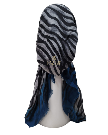 Lizi Headwear Grey/Teal Zebra Print Pre-Tied Bandanna myselflingerie.com